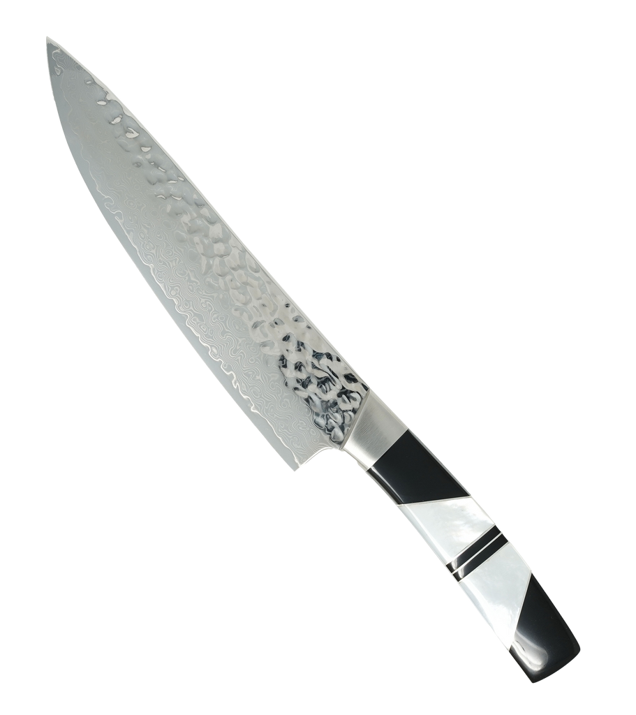 Hammered Damascus Jewelry Collection - Mother of Pearl with Jet - 8in Chefs Kitchen Knife