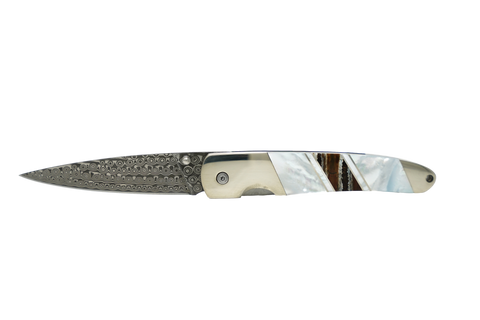 Mother of Pearl - Woolly Mammoth Tooth - Titanium Body 4" Linerlock - Damascus Blade