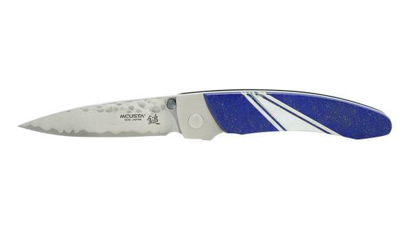 Mcusta MC-114D Forge Tsuchi VG-10 Core Damascus Blade Stainless Framelock 4.85" Folding knife with Lapis and Mother of Pearl