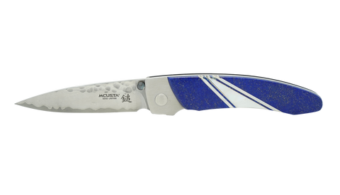 Mcusta MC-114D Forge Tsuchi VG-10 Core Damascus Blade Stainless Framelock 4.85" Folding knife with Lapis and Mother of Pearl