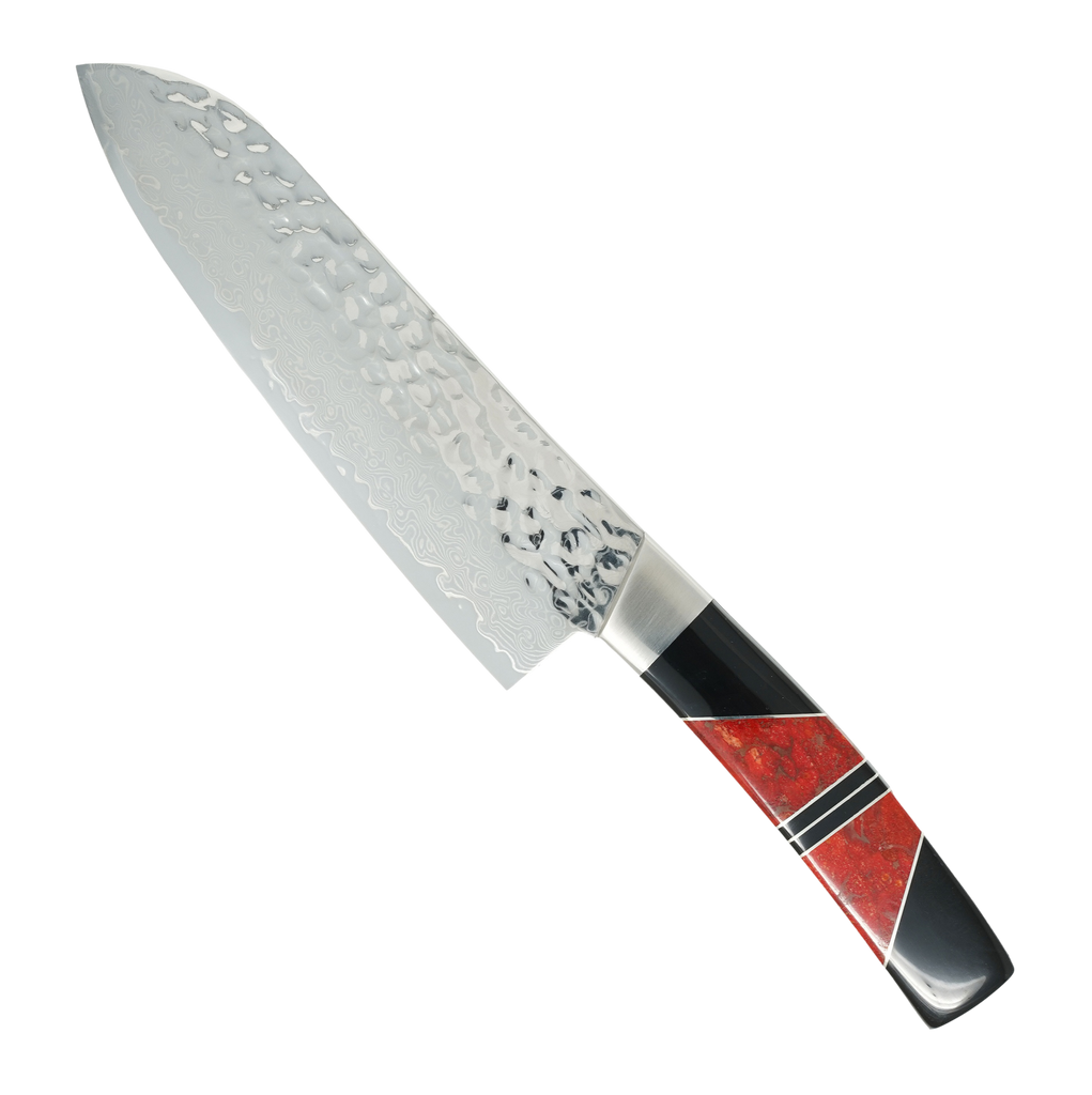 Hammered Damascus Jewelry Collection Coral with Jet Santoku 7" Knife