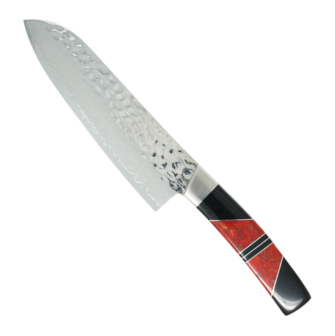 Hammered Damascus Jewelry Collection Coral with Jet Santoku 7" Knife