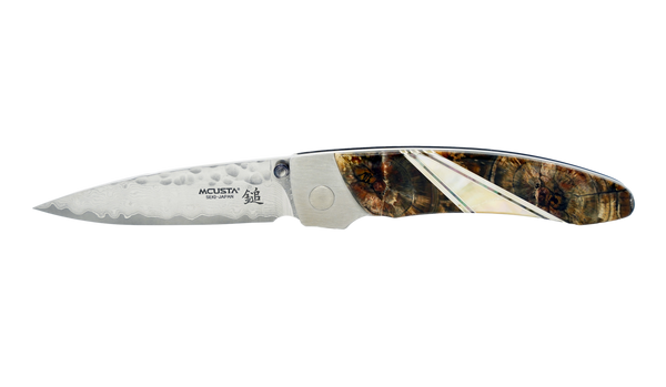 Mcusta MC-114D Forge Tsuchi VG-10 Core Damascus Blade Stainless Framelock 4.85" Folding knife with Woolly Mammoth Tusk and Mother of Pearl