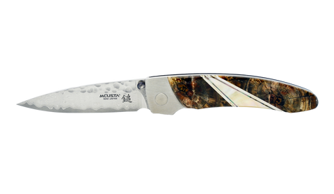 Mcusta MC-114D Forge Tsuchi VG-10 Core Damascus Blade Stainless Framelock 4.85" Folding knife with Woolly Mammoth Tusk and Mother of Pearl