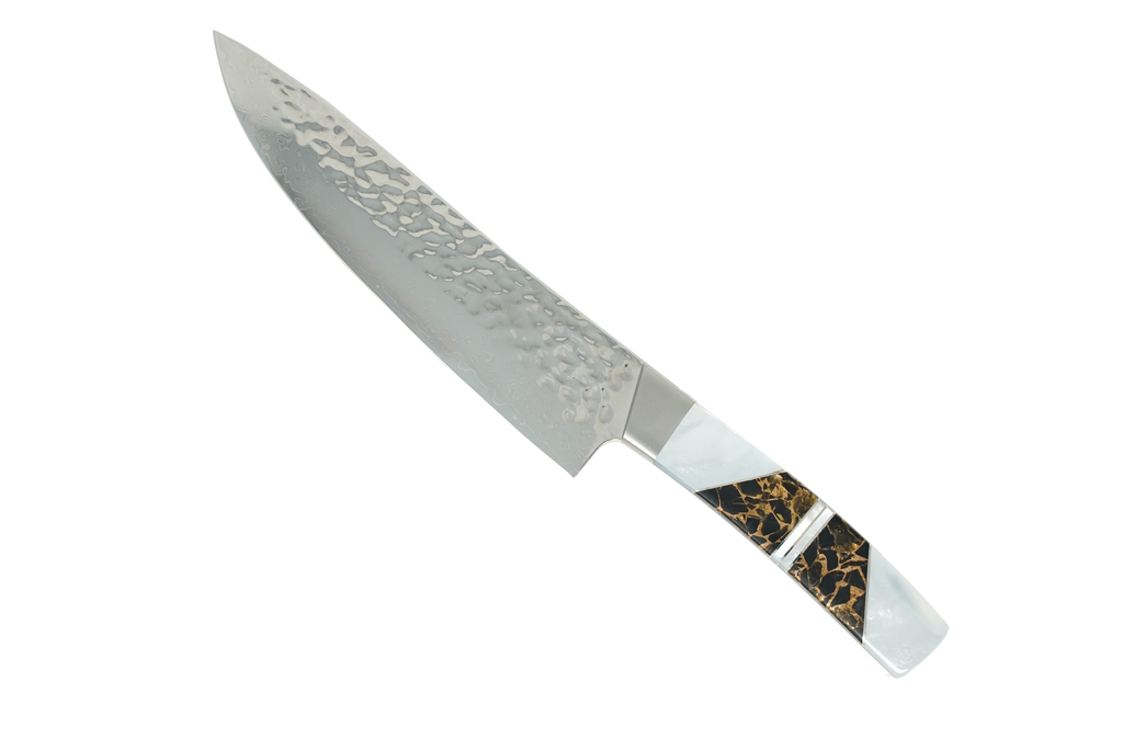 Jewelry Mother of Pearl Collection - Hammered Damascus 8" Chefs Kitchen Knife Obsidian w/Bronze