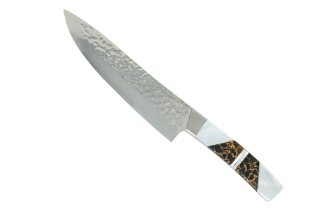 Jewelry Mother of Pearl Collection - Hammered Damascus 8" Chefs Kitchen Knife Obsidian w/Bronze