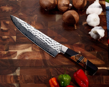 Hammered Damascus Jewelry Collection - Mother of Pearl with Jet - 8in Chefs Kitchen Knife — lifestyle
