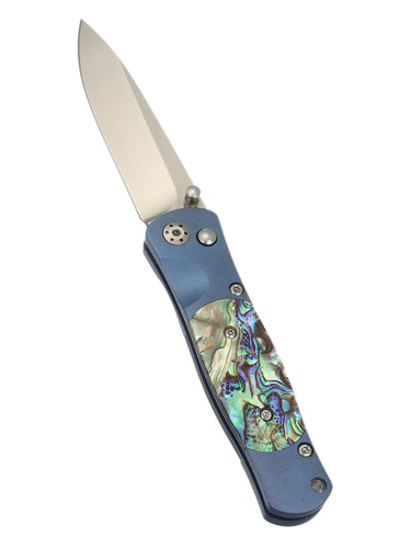 Tesoro Button Lock 3½" — Abalone / Blue Anodized Frame — Open Up