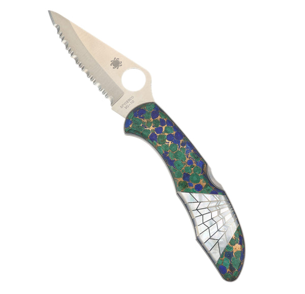 Spyderco Delica — VG-10 Serrated | Azurite & Bronze with Mother of Pearl Web Inlay