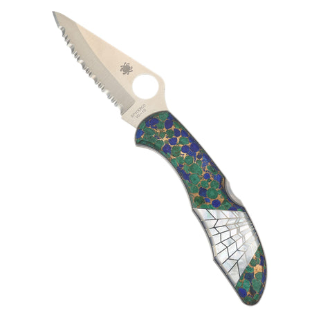 Spyderco Delica — VG-10 Serrated | Azurite & Bronze with Mother of Pearl Web Inlay