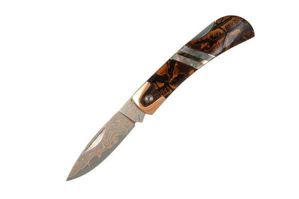 3" Lockback  Copper &amp; Brass Core Damascus (VG-10) | Caramel Fossilized Mammoth Tusk