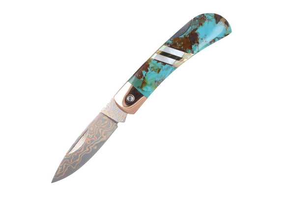 3" Lockback  Copper & Brass Core Damascus (VG-10) | Kingman Turquoise