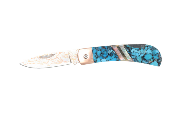 3" Lockback  Copper &amp; Brass Core Damascus (VG-10) | Bonita Blue Turquoise