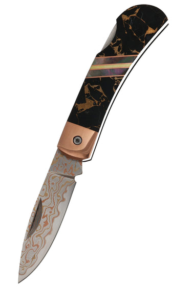 3" Copper & Brass Core Damascus Lockback — Black Buffalo — Down