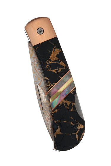 3" Copper & Brass Core Damascus Lockback — Black Buffalo — Studio View