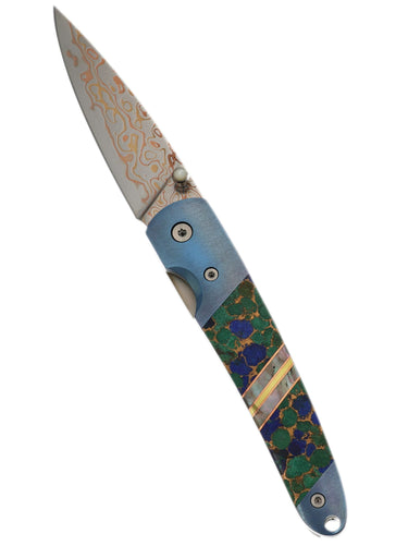 4" Copper & Brass Core Damascus Liner Lock — Azurite, Bronze and Lapis, Turquoise — Up