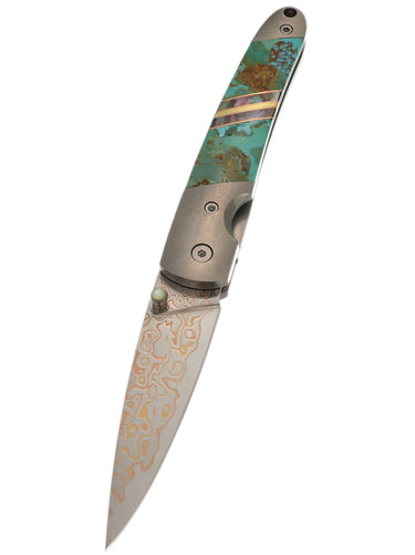 4" Copper & Brass Core Damascus Liner Lock — Turquoise — Down