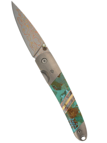 4" Copper & Brass Core Damascus Liner Lock — Turquoise — Up