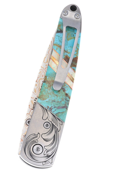 4" Liner Lock Copper & Brass Core Damascus (VG-10) | Kingman Blue-Green Turquoise | Phil Bartolotta Master Engraved