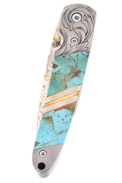 4" Liner Lock Copper & Brass Core Damascus (VG-10) | Kingman Blue-Green Turquoise | Phil Bartolotta Master Engraved