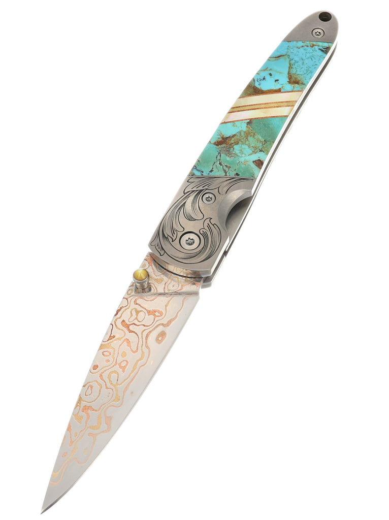 4" Liner Lock Copper & Brass Core Damascus (VG-10) | Kingman Blue-Green Turquoise | Phil Bartolotta Master Engraved