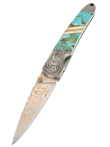 4" Liner Lock Copper & Brass Core Damascus (VG-10) | Kingman Blue-Green Turquoise | Phil Bartolotta Master Engraved