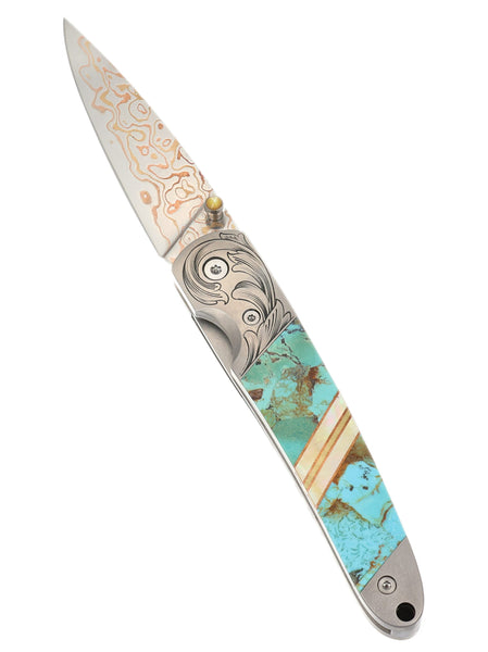 4" Liner Lock Copper & Brass Core Damascus (VG-10) | Kingman Blue-Green Turquoise | Phil Bartolotta Master Engraved