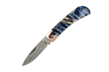 3" Lockback Copper & Brass Core Damascus (VG-10) | Fossilized Mammoth Tooth, open, blade down