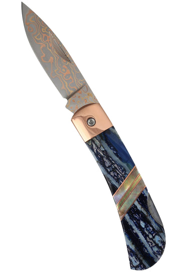 3" Lockback Copper & Brass Core Damascus (VG-10) | Fossilized Mammoth Tooth, open, blade up