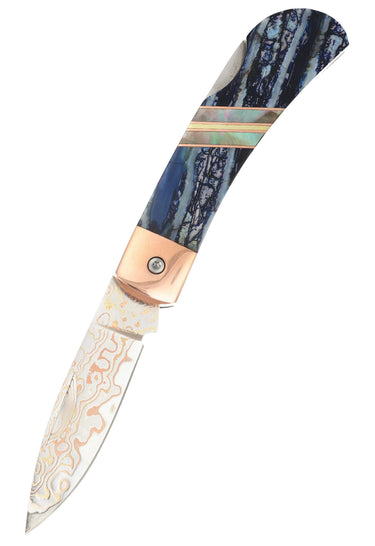 3" Lockback Copper & Brass Core Damascus (VG-10) | Fossilized Mammoth Tooth, open, blade down