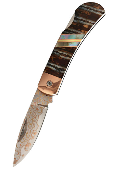 3" Copper & Brass Core Damascus Lockback — Natural Mammoth Tooth — Down