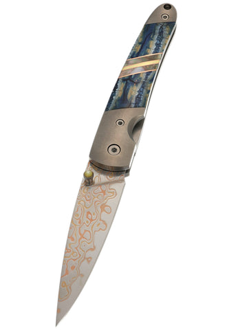 4" Liner Lock Copper & Brass Core Damascus (VG-10) | Blue Fossilized Mammoth Tooth