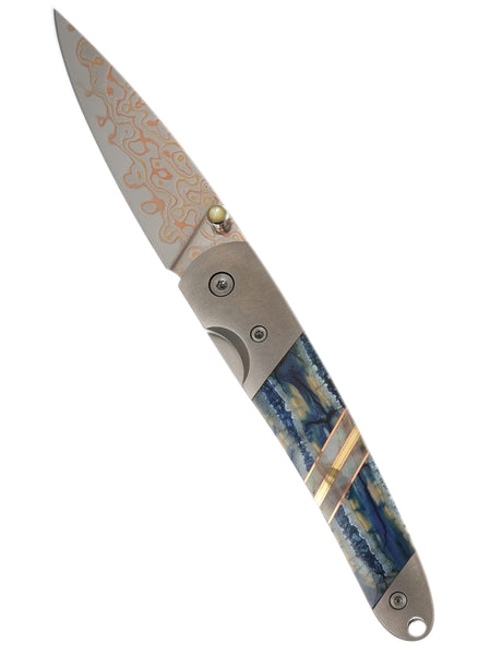 4" Liner Lock Copper & Brass Core Damascus (VG-10) | Blue Fossilized Mammoth Tooth