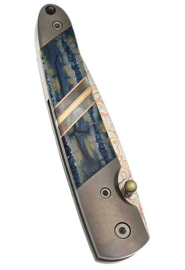 4 liner lock copper brass core damascus vg 10 blue fossilized mammoth tooth — Closed
