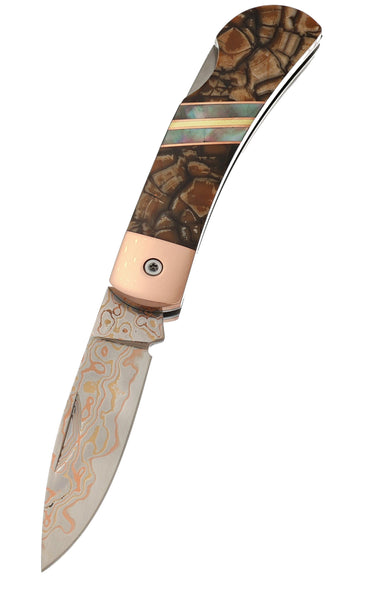 3" Lockback Copper & Brass Core Damascus (VG-10) | Caramel Fossilized Mammoth Tusk, open, blade down