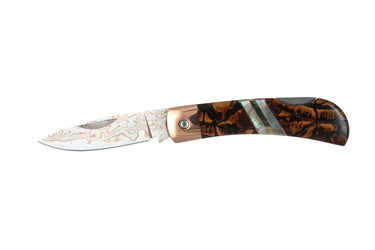 3" Lockback Copper & Brass Core Damascus (VG-10) | Caramel Fossilized Mammoth Tusk, open