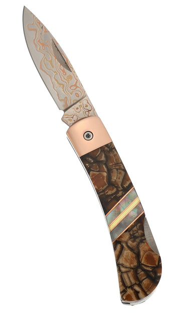 3" Lockback Copper & Brass Core Damascus (VG-10) | Caramel Fossilized Mammoth Tusk, open, blade up