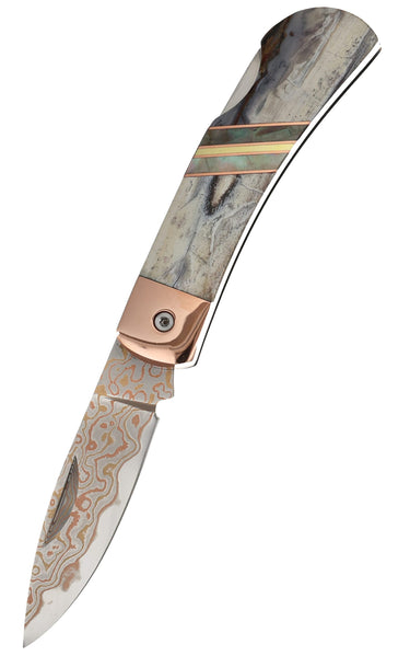 3" Copper & Brass Core Damascus Lockback — White Mammoth Tusk — Down