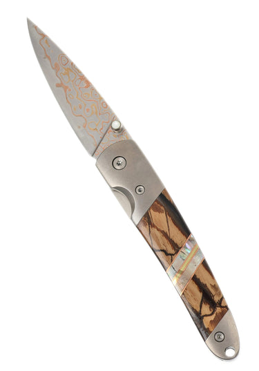 4" Liner Lock Copper & Brass Core Damascus (VG-10) | Caramel Fossilized Mammoth Tusk, open