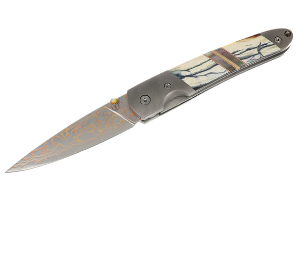 4" Liner Lock Copper & Brass Core Damascus (VG-10) | Clouded White Fossilized Mammoth Tusk