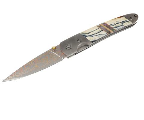 4" Liner Lock Copper & Brass Core Damascus (VG-10) | Clouded White Fossilized Mammoth Tusk