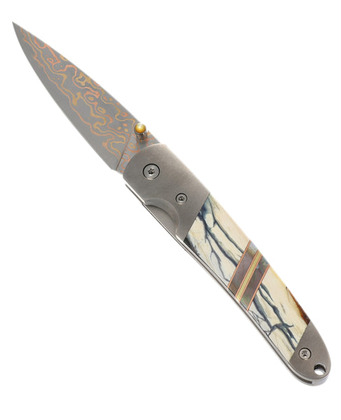 4" Liner Lock Copper & Brass Core Damascus (VG-10) | Clouded White Fossilized Mammoth Tusk