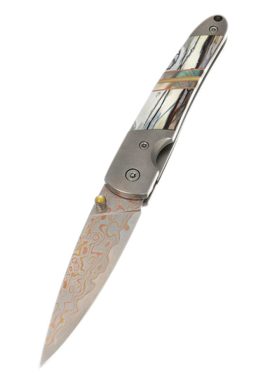 4" Liner Lock Copper & Brass Core Damascus (VG-10) | Clouded White Fossilized Mammoth Tusk, open, blade down