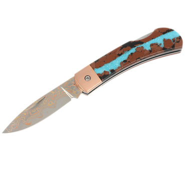 3" Copper & Brass Core Damascus Lockback — Vein Turquoise — Open Down