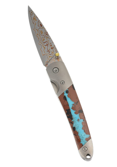 4" Copper & Brass Core Damascus Liner Lock — Vein Turquoise — Open Up