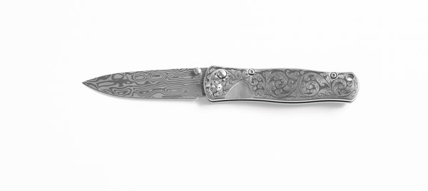 Tesoro Button Lock Damasteel Solid Ti Handle "Docs Engraving Floral"