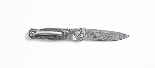 Tesoro Button Lock Damasteel Solid Ti Handle "Docs Engraving Floral"