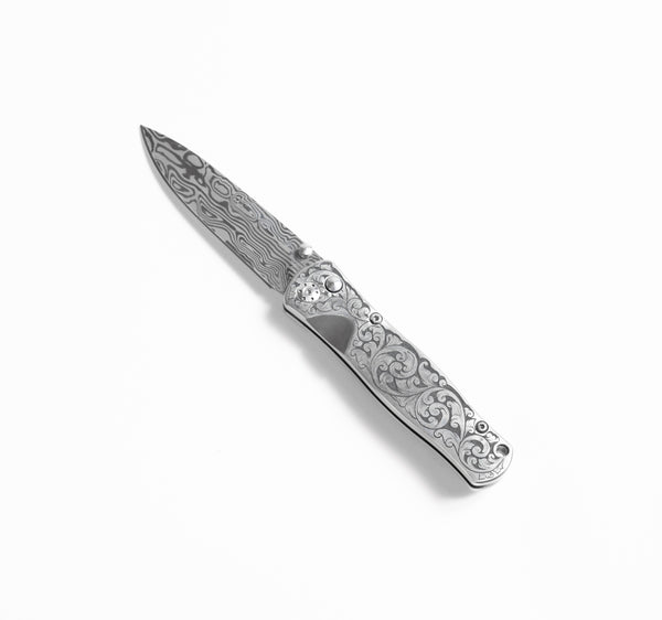 Tesoro Button Lock Damasteel Solid Ti Handle "Docs Engraving Floral"