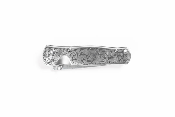 Tesoro Button Lock Damasteel Solid Ti Handle "Docs Engraving Floral"