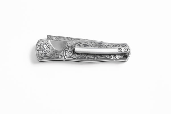 Tesoro Button Lock Damasteel Solid Ti Handle "Docs Engraving Floral"